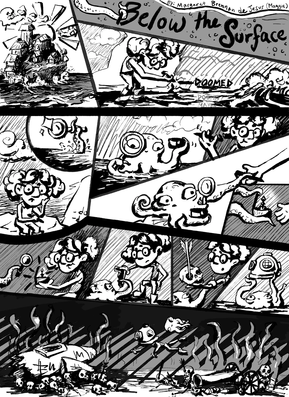 Below the Surface comic, page 1: a girl on a sinking island city meets an octopus who brings her things from the seabed