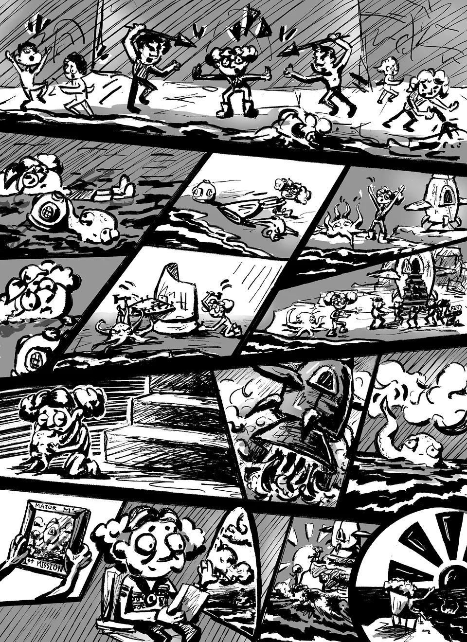 Below the Surface comic, page 2: the girl and the octopus build a rocket from a shipwreck and the townspeople climb aboard