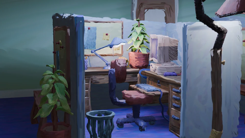A coworker's cubicle: a desk lamp, a potted plant and an old computer and other office assets used in this scene