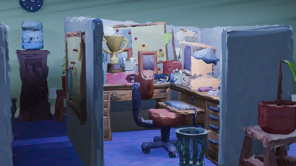 David's cluttered cubicle, with his trophy, takeout boxes and a water cooler down the aisle