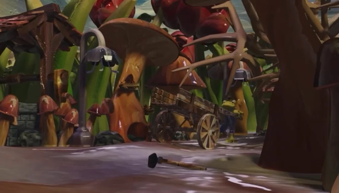 GoomVille in 3D: mushroom houses along the road, textured with oil paint