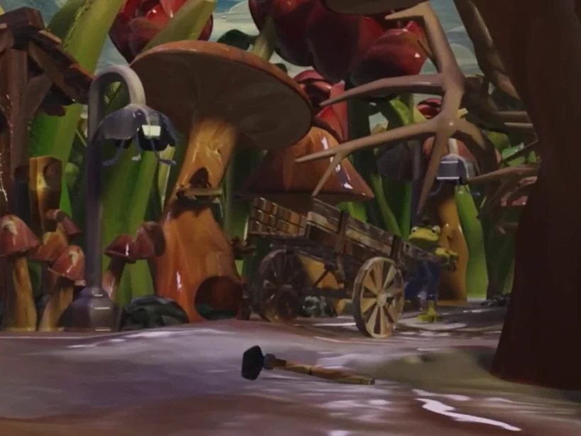 GoomVille in 3D: mushroom houses along the road, textured with oil paint
