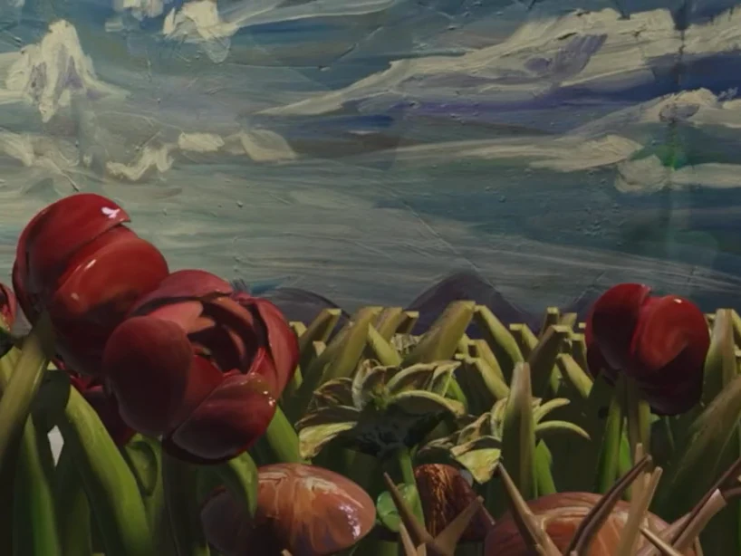 GoomVille in 3D: roses and grass under an oil-painted sky