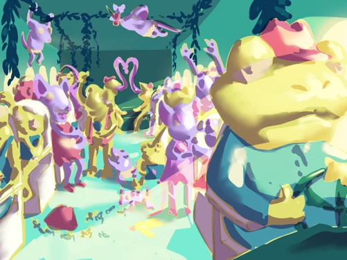 GoomVille color study of the frog congregation in cool light