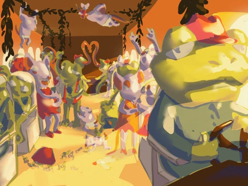 GoomVille color study of the frog congregation in warm light