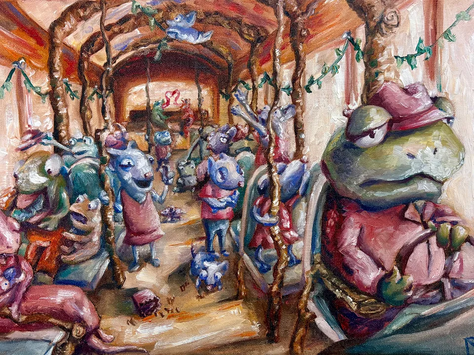 Oil painting of a frog congregation in GoomVille