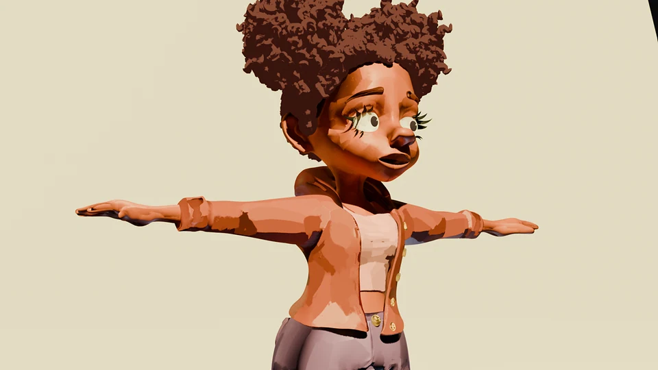 Mira, a stylized character with cartoony curls