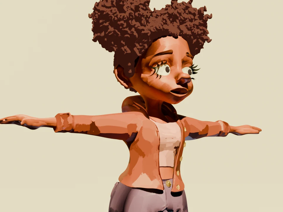 Mira, a stylized character with cartoony curls